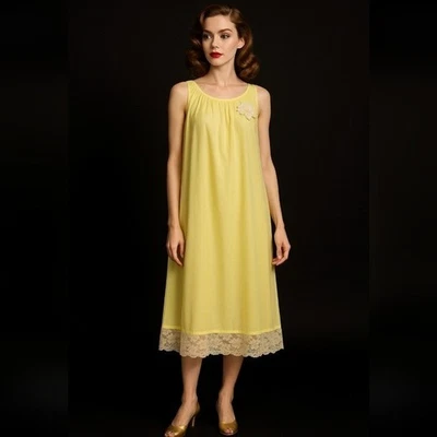 VINTAGE 60s YELLOW NYLON LACE PEIGNOIR NIGHTGOWN DRESS FLOWY, ROMANTIC - Image 1 of 4