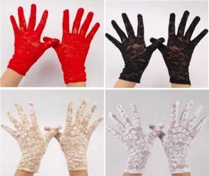 Fabuloso Encaje Elástico ~ Rosa Corto Muñeca Guantes Boda Halloween Gótico - Picture 1 of 7