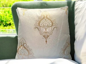 Beige Golden Damask Embroidered Jacquard Fabric Cushion Covers 18 x 18" Inch - Picture 1 of 12