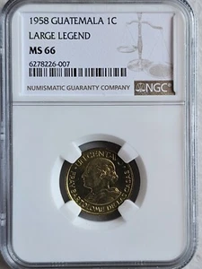 Guatemala 1 Centavo 1958 Large Legend NGC MS 66 - Picture 1 of 2