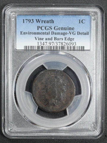 1793 Vine and Bars Edge Wreath Flowing Hair Copper Large Cent PCGS VG Detail Cover