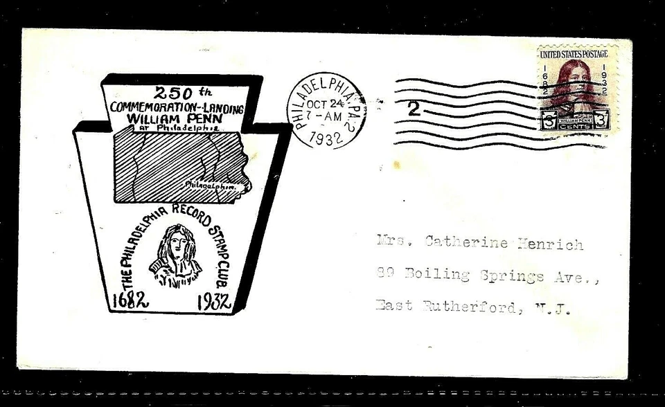 724 3c Stamp (1932) WILLIAM PENN FDC BY FIRST PHILADELPHIA RECORD STAMP CLUB - Image 1 of 1