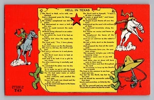 Postal de lino Hell In Texas Poem Cowboys On Horses 1930-45 - Imagen 1 de 2