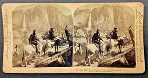 Stereoview Tan Mount Yosemite Falls from Glacier Point Trail w Horse Riders - Picture 1 of 3