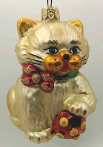 Poland Gold Glitter Cat Blown Glass Ornament Red Bow with Ball 4x3" Hand Painted - Picture 1 of 6