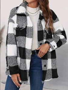 Women Plaid Long Sleeve Fleece Fuzzy Jackets Ladies Zip Up Hooded Coat Outwear_A - Picture 1 of 5