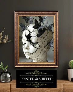 Gothic Surreal Cracked Bust with Black Butterflies – Dark Wall Art Print - Picture 1 of 5