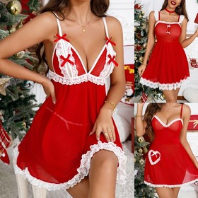 Women Sexy Christmas Lingerie Lace Babydoll Chemise Nightgown G-string Sleepwear