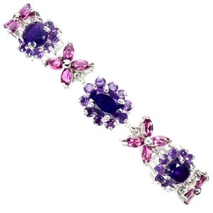 925 Sterling Silver Bracelet Oval Amethyst 8x6mm Rhodolite Sapphire Gemstone 7in - Picture 1 of 13
