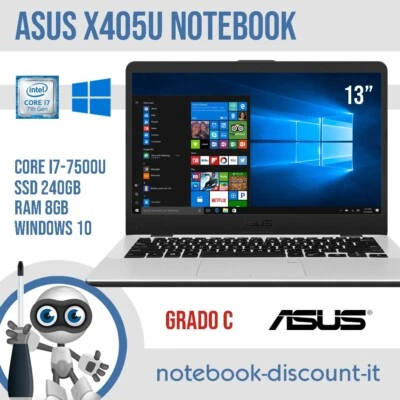 Asus X405U Core i7-7500u Ram 8gb SSD 240gb Win10 Notebook 13,3" GRADO C - Immagine 1 di 4