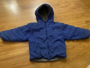 Vintage Youth Nike Kids Winter Coat Blue Swoosh Size 7 Y2K Full Zip Hood Logo - Picture 1 of 9