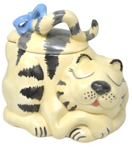 Vtg CAT BLACK & WHITE CERAMIC COOKIE JAR Lid Signed Hand Made Painted 7.5" H - Picture 1 of 9