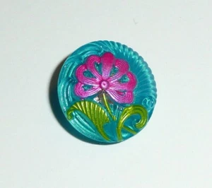 Czech Glass Flower Button Tiffany w/ HP Pink & Green Accents Shank Button 18mm - Picture 1 of 4