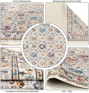 Ultra-Thin (0.25 in)White Cream Washable Non-Slip Area Rugs for Living Room Bedr - Picture 1 of 7