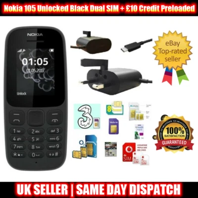 Nokia 105 Unlocked ( 2019 4th Edition ) Black DUAL SIM Phone + £10 Credit Loaded - Image 1 of 4