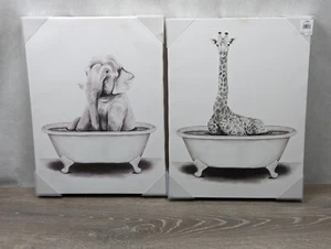 Giraffe in einer Badewanne & Elefant in einer Badewanne lustige Tier Badezimmer Zeichnung 16"x12"x1,5" - Bild 1 von 3