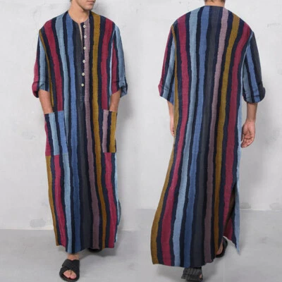 Mens Pajamas Dress Striped Nightwear Nightshirt Kaftan Sleepwear Bathrobe Pajama - Image 1 of 4