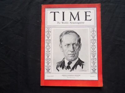 1934 AUGUST 6 TIME MAGAZINE - DR. KURT SCHMITT, GERMAN ECONMICS MINISTER - T 431 - Image 1 of 2