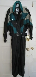 COULIER Vtg Ski Suit One Piece Snowsuit BLACK w/teal, beige Sz 40 VGUC - Picture 1 of 12