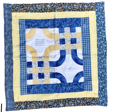 LAP ROBE or BABY QUILT pieced w/ CROSS STITCH ACCENTS, knotted Blue,Yellow NICE! - Image 1 of 4