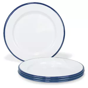 Set of 4 Enamelware Metal Classic 8" Round Salad Plate, White/Navy Blue Rim - Picture 1 of 5