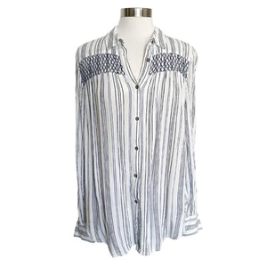 Shyanne M White Blue Smocked Striped Collared Long Sleeve Button Up Tunic Shirt - Picture 1 of 9