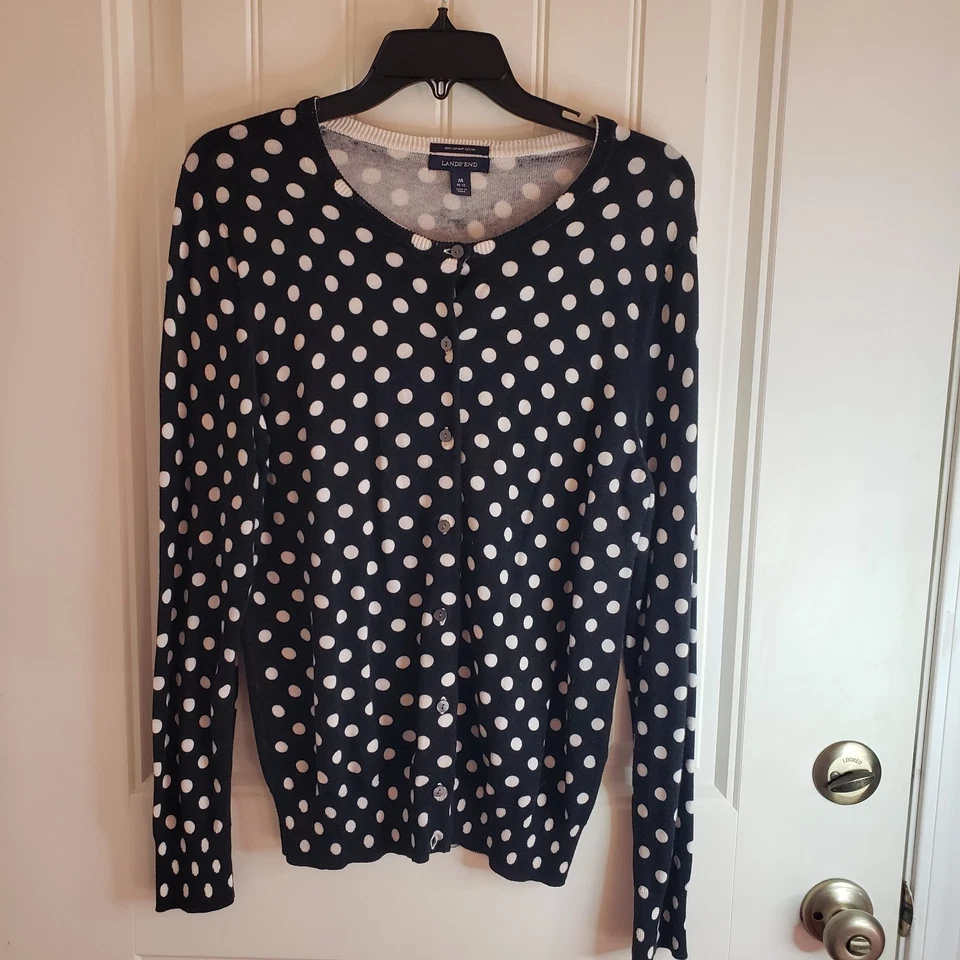 Lands' End Women's Black Cream Polka Dot Button Up 100% Supima Cotton  Cardigan - Image 1 of 4