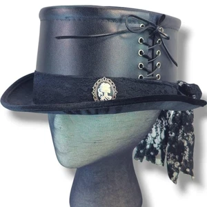 Spirit Black Top Hat Steampunk Gothic Halloween Velvet Lace Faux Leather One Sz - Picture 1 of 13