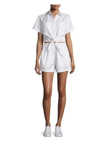 T ALEXANDER WANG Womens White Tie Front Elastic Waist Shorts Button Up Romper 0 - Picture 1 of 3