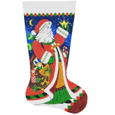 Needlepoint Handpainted Lee Christmas Stocking Santa Bugle 23" - Image 1 of 4
