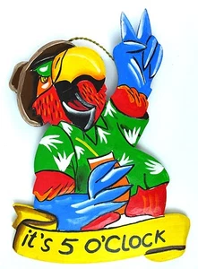 5 O'CLOCK PARROT HEAD TIKI BAR SIGN WALL TROPICAL ART PEACE HAND WOOD PALM BEACH - Picture 1 of 2