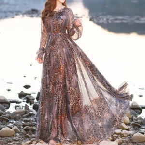 Maya Antonia Chiffon Maxi Dress, Leopard Red-Blue-Brown/Long SLeeves/Boho/Beach - Picture 1 of 15