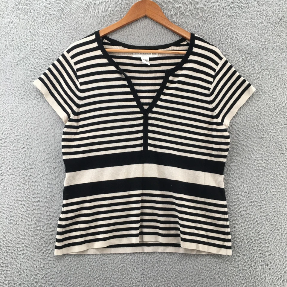 Blusa Top Geoffrey Beene Mujer XL Beige Negra Tejida Rayas Manga Corta Cuello en V Foto 1 de 4