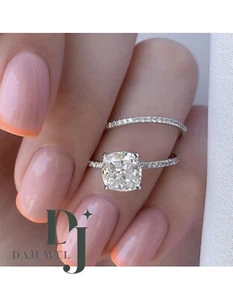Moissanite Bridal Set Engagement Ring 2.50 CT Cushion Cut Solid 14K White Gold - Picture 1 of 7
