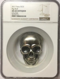 2017 Palau 1/2 kg kilo Silver $25 Big Skull NGC MS-68 Antiqued - Picture 1 of 4