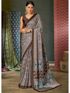 Women's Brown Digital Print Satin Crepe Saree With Unstitched Blouse Piece - Picture 1 of 3