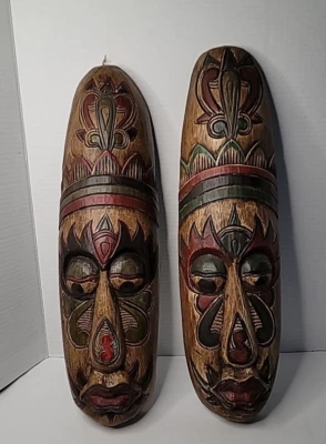 Juego de 2 máscaras indonesias vintage talladas de madera pintadas a mano de 18" Foto 1 de 4