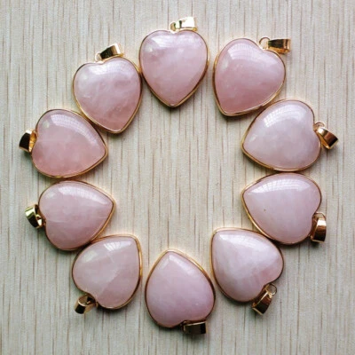 Fashion Natural rose quartz stone gold color side heart Pendants 10pcs Wholesale - Image 1 of 3