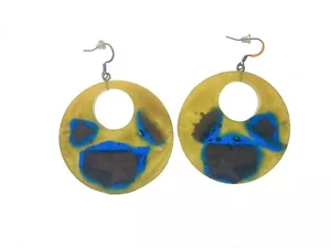 Yellow and Blue Round Earrings, One of A Kind driftwood and resin Dangle - Picture 1 of 11