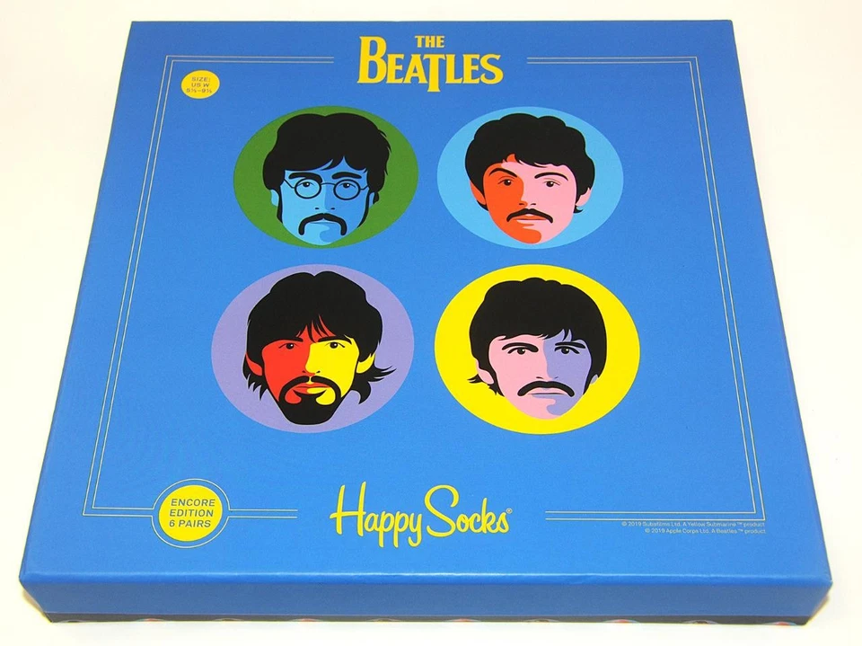 Meias Happy ~ Conjunto Caixa de Colecionador dos Beatles Pacote com 6 - Tamanho 9-11 Meias Novidade *NOVO! - Imagem 1 de 1