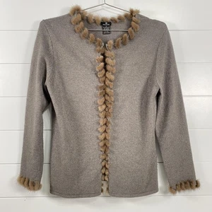 Collection Sweater Womens Medium Taupe Mink Fur Trim Cardigan Merino Cashmere - Picture 1 of 11