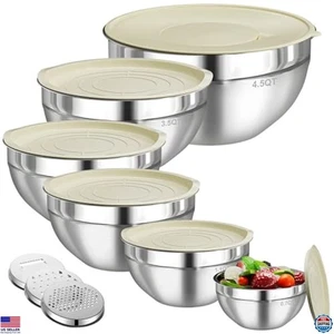 6 PCS Stainless Steel Mixing Bowls Set with Lids & Grater Attachments - Picture 1 of 6