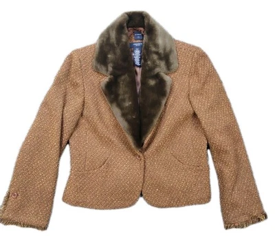 Jones носить твидовый блейзер женщин 10P шерстяная смесь, искусственного меха съемный воротник куртка - Изображение 1 из 4