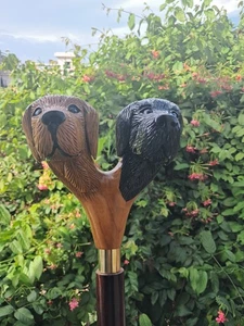 Gehstock aus Holz - handgeschnitzter Gehstock mit doppeltem Hundekopfgriff - Bild 1 von 11
