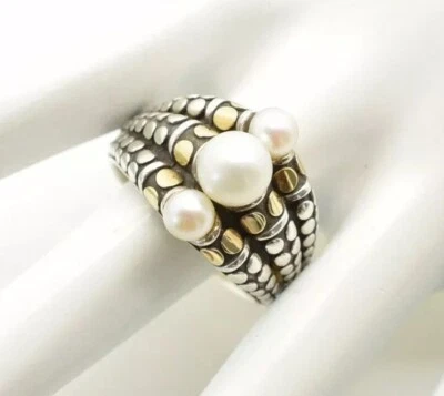 Anillo de cóctel John Hardy retirado de 3 perlas punto oro 18 quilates plata de ley talla 9,5 Foto 1 de 4