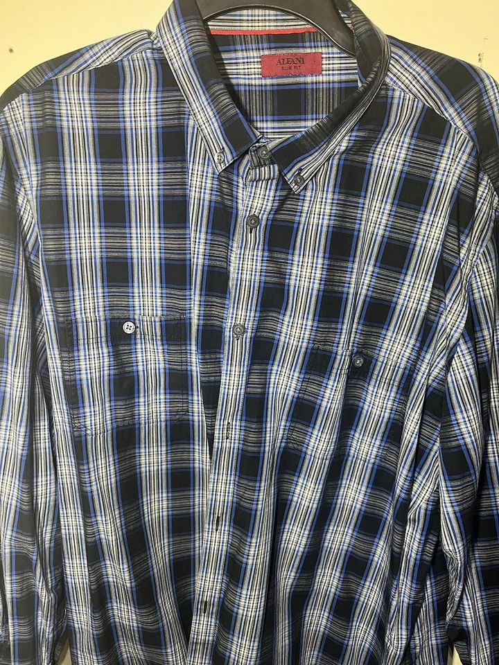 Camisa de vestir ajustada a cuadros azul/blanco gris Alfani para hombre talla XXL regalo perfecto Foto 1 de 4