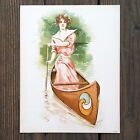 Vintage Original 1908 Canoe Sport Girl Victorian Lithograph Paddle Print Nos