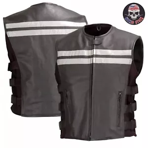 Men’s Black Leather Biker Vest – Hi-Viz Reflective Motorcycle Riding Gear USA - Bild 1 von 17