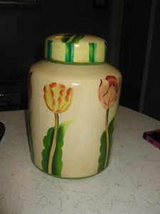 TUSCAN STYLE ART POTTERY GINGER JAR YELLOW AND TULIPS - Picture 1 of 7