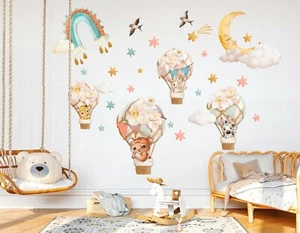 Hot Air Balloon African Animals Rainbow Moon Star Removable Wall Decal Sticker - Picture 1 of 5